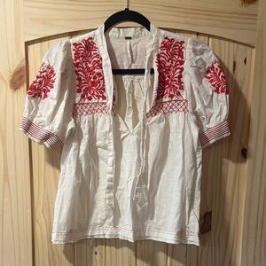 Free People Cream Blouse with Red Embroidery